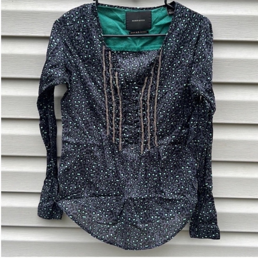 Maison Scotch & Soda Leopard Print Beaded Blouse Teal Black‎ Gray Petite XS